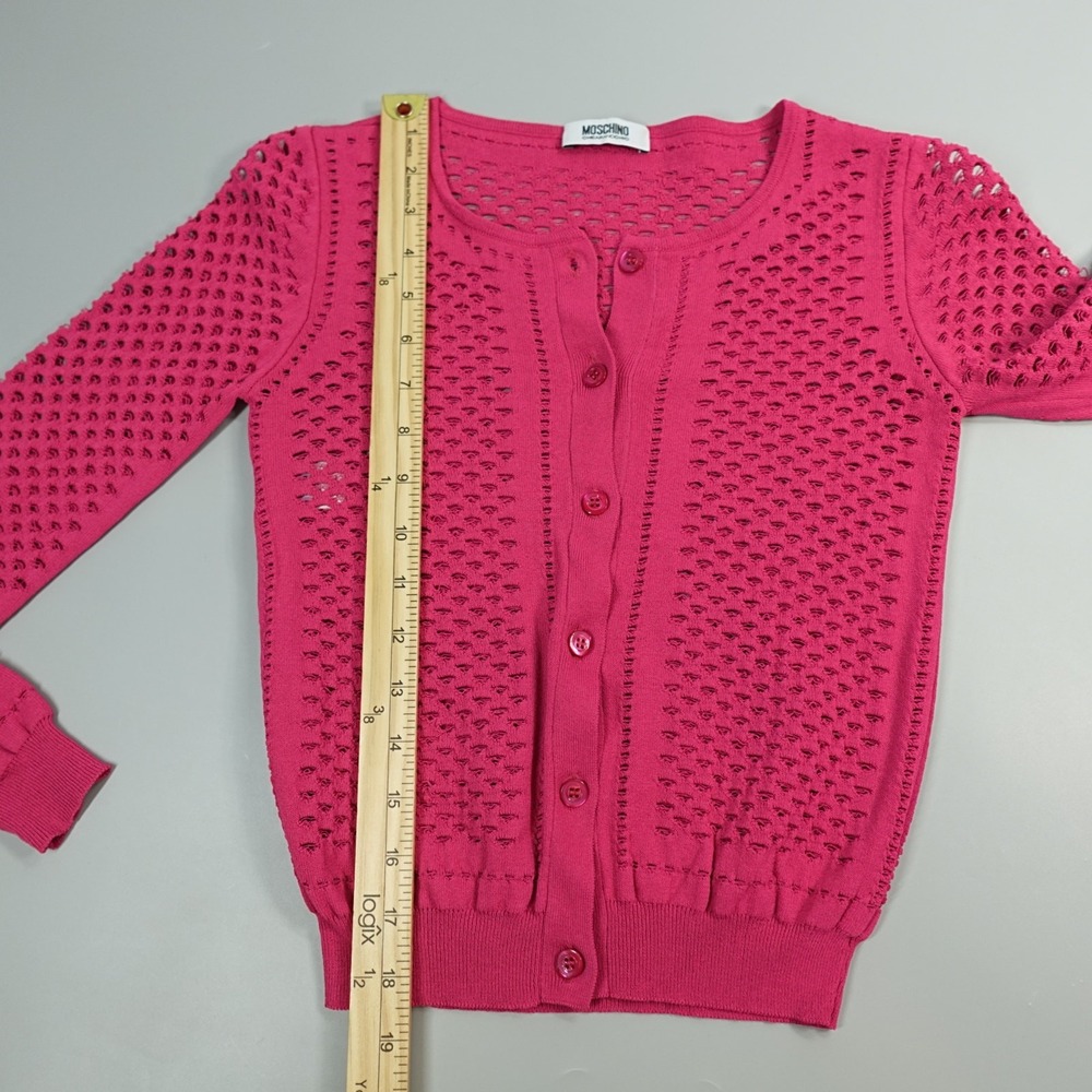 Moschino Cardigan Womens 4 Pink Cropped Fine‎ Knit Open Stitched Statement Italy - Picture 10 of 16